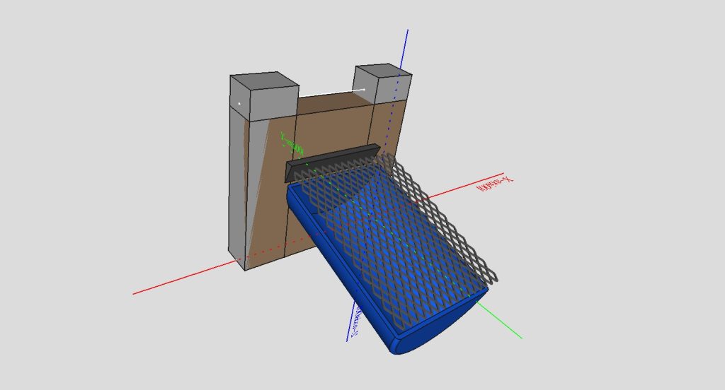 Photo of a small weir funneling watter into a 200L barrel with an expanded metal grate covering its opening