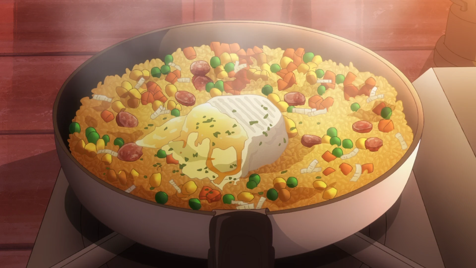 A hot still-on-pan Camembert curry pilaf steaming with cheese and half-boiled egg as the center piece