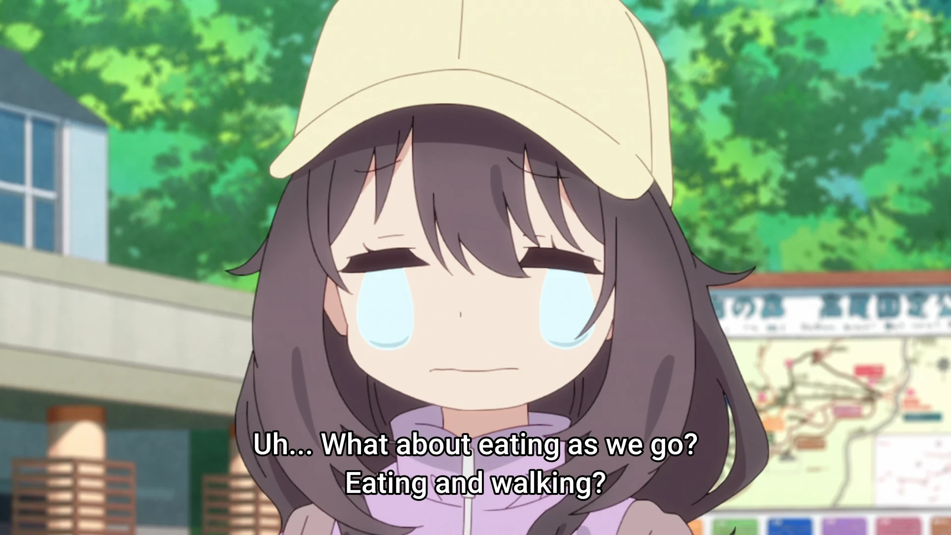 Crying makocchi after being told not to spend her money to buy snacks with caption "Uh... how about eating as we go? Eating and walking?