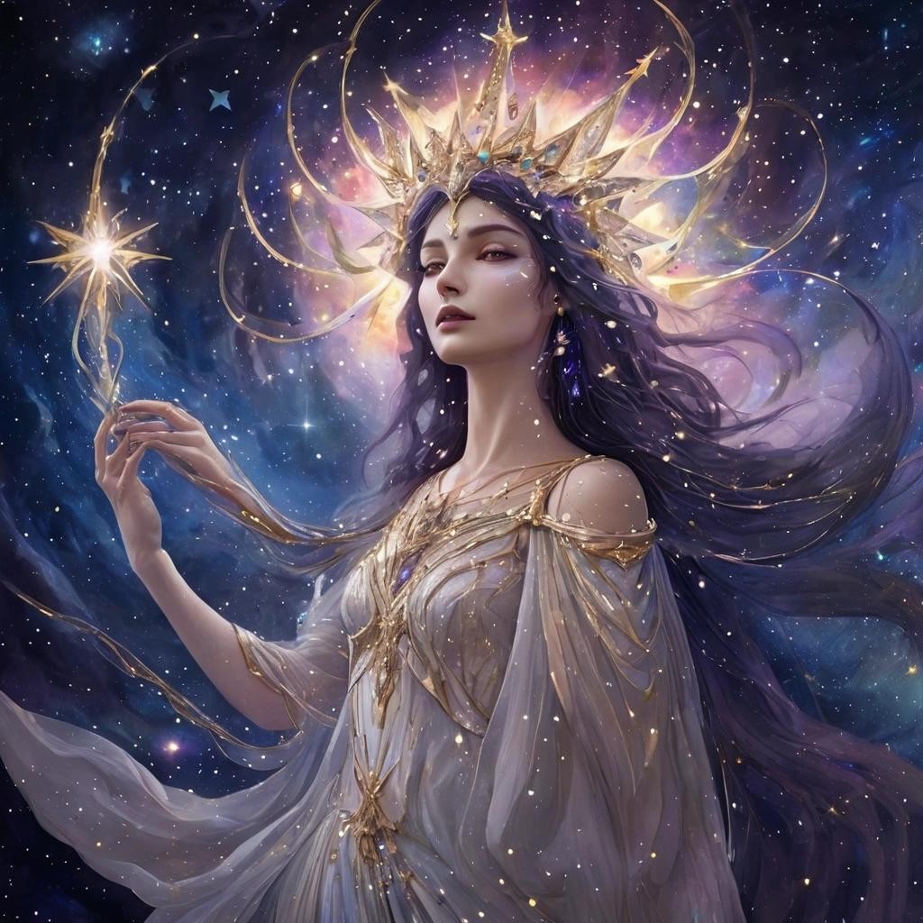 Image with seed 2986501296 generated via Stable Diffusion through @stablehorde@sigmoid.social. Prompt: Goddess, Lady of the Stars, painting the night sky with beautiful lights, Varda, Elbereth Gilthoniel, Night Queen, beautiful, majestic, galactic