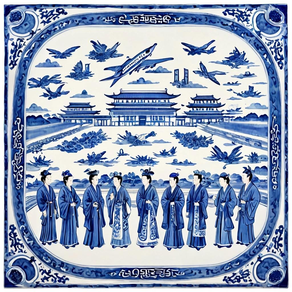 Image with seed 1206053635 generated via Stable Diffusion through @stablehorde@sigmoid.social. Prompt: a meeting of corporate executives on an airport runway  . Ming dynasty blue-and-white porcelain art, ancient chinese intricate flat art, centered on a white background###nsfw, 