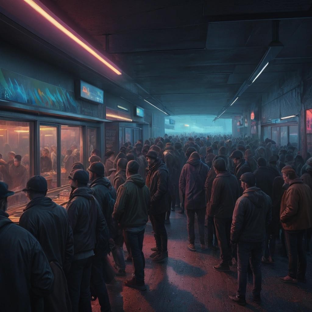 Image with seed 640593093 generated via Stable Diffusion through @stablehorde@sigmoid.social. Prompt: highly detailed digital painting of a crowd of people waiting in line to enter a new burger restaurant on Toronto Island ferry , highly realistic fantasy concept art by Darek Zabrocki and Zdzisław Beksiński, paint strokes, intricate, eerie scenery, dark volumetric lighting, triadic color scheme, very coherent, sharp focus, illustration, film grain, spooky vibe