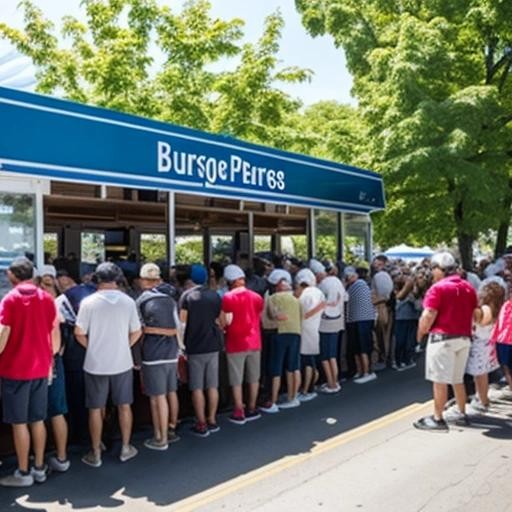 Image with seed 1851311712 generated via Stable Diffusion through @stablehorde@sigmoid.social. Prompt: a crowd of people waiting in line to enter a new burger restaurant on Toronto Island ferry 