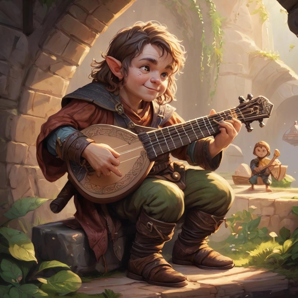 Image with seed 3040954603 generated via Stable Diffusion through @stablehorde@sigmoid.social. Prompt: Halfling bard playing the lute, fantasy, dungeons and dragons