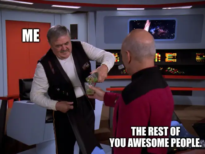 Scotty pouring a glass of Aldebaran whiskey for Picard