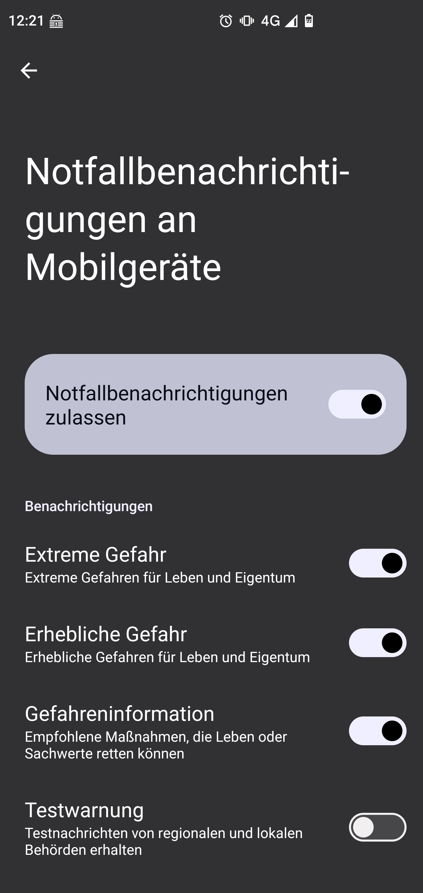 Deaktivierte Option Testwarnung