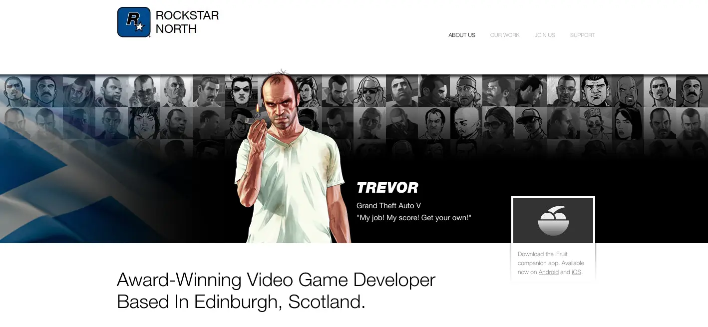 A screenshot of the home page of Rockstar North's website. The website shows a Scottish flag on the left-hand side (fading into view) and the text of the website says that Rockstar North are "based in Edinburgh, Scotland".