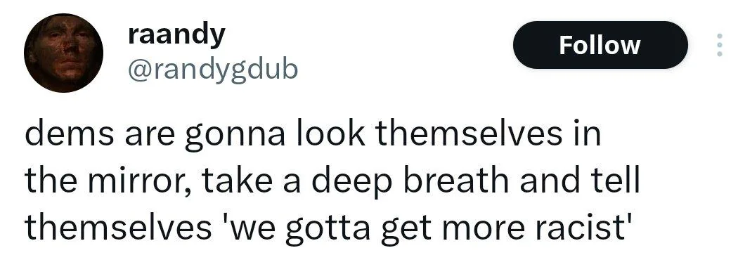 Screenshot of a tweet by @randygdub: "dems are gonna look themselves in the mirror, take a deep breath and tell themselves 'we gotta get more racist'"