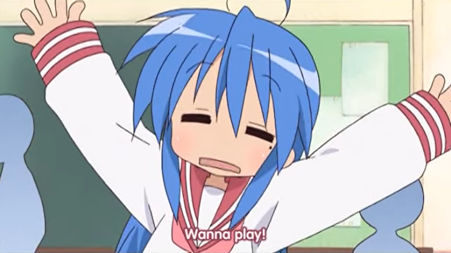 Screencap from Lucky Star: Konata looking bored and dejected, arms in the air, saying "Wanna play!"