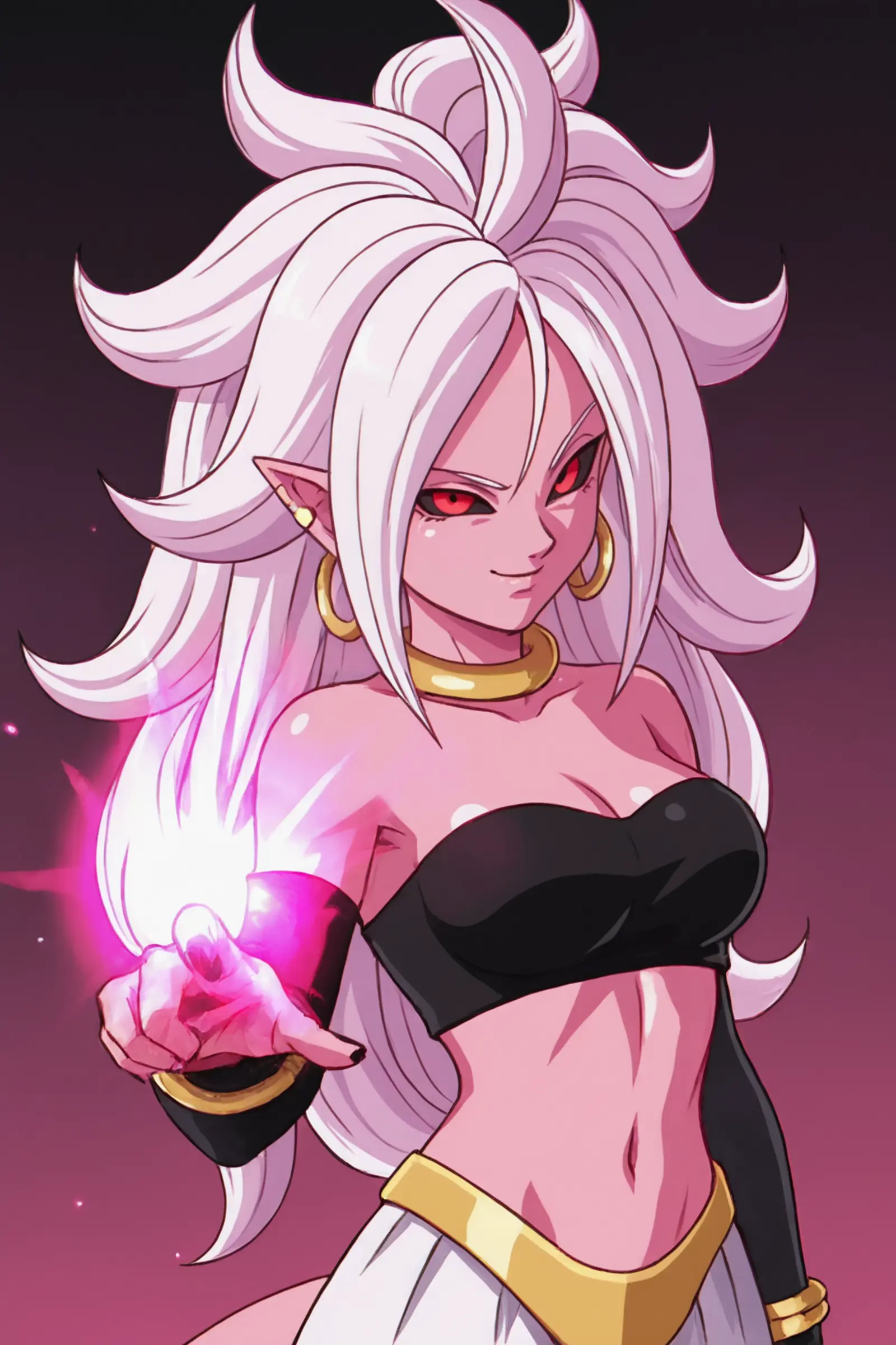 A woman with wild pink hair wearing a black top and white puffy pants. She is holding out their hand, pointing her finger, with a glowing pink orb of energy floating in front of it.