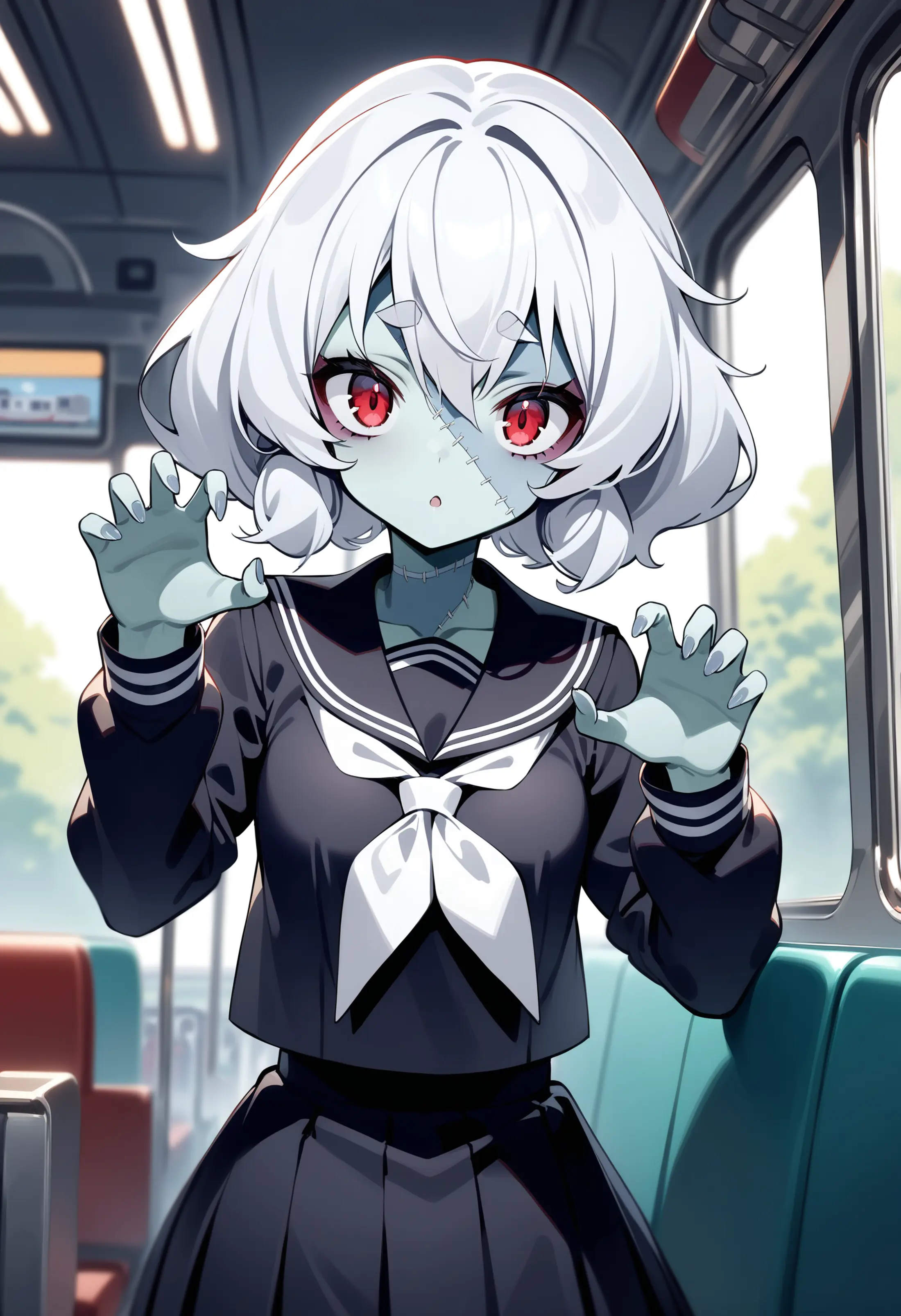 A young woman with short white hair and red eyes, dressed in a dark school uniform with a light neck tie. She is standing inside a bus, holding her hands up in a menacing way. Her skin complexion is a pale blue, like that of a zombie's, with stitches running down the center of her face. 