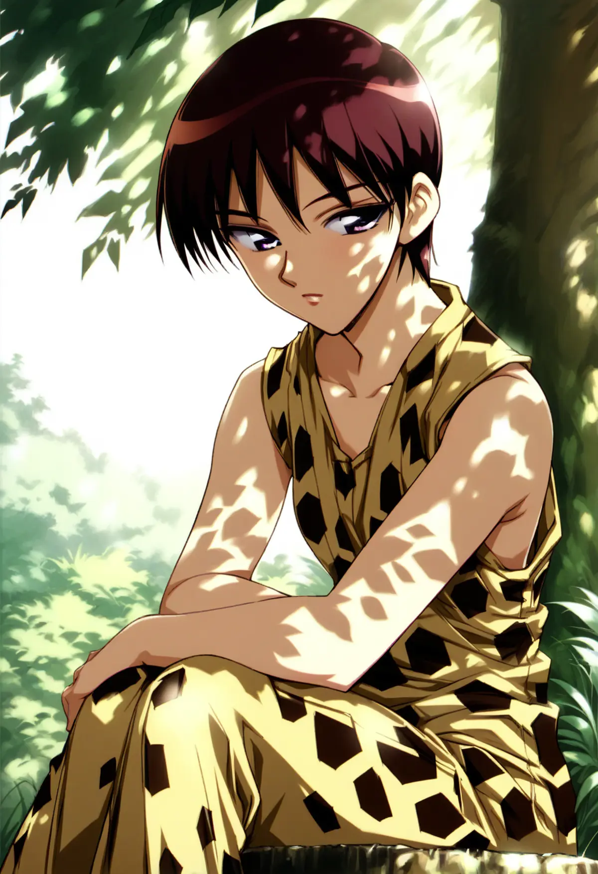 A young woman with short dark hair, sitting in a tranquil forest setting. She is dressed in a sleeveless dress and is positioned with her hands resting on the knees. Dappled sunlight filters through the canopy of green leaves above, casting patterned shadows across the scene and the character. The character gazes off to the side with a neutral expression, suggesting a moment of introspection or quiet contemplation. 