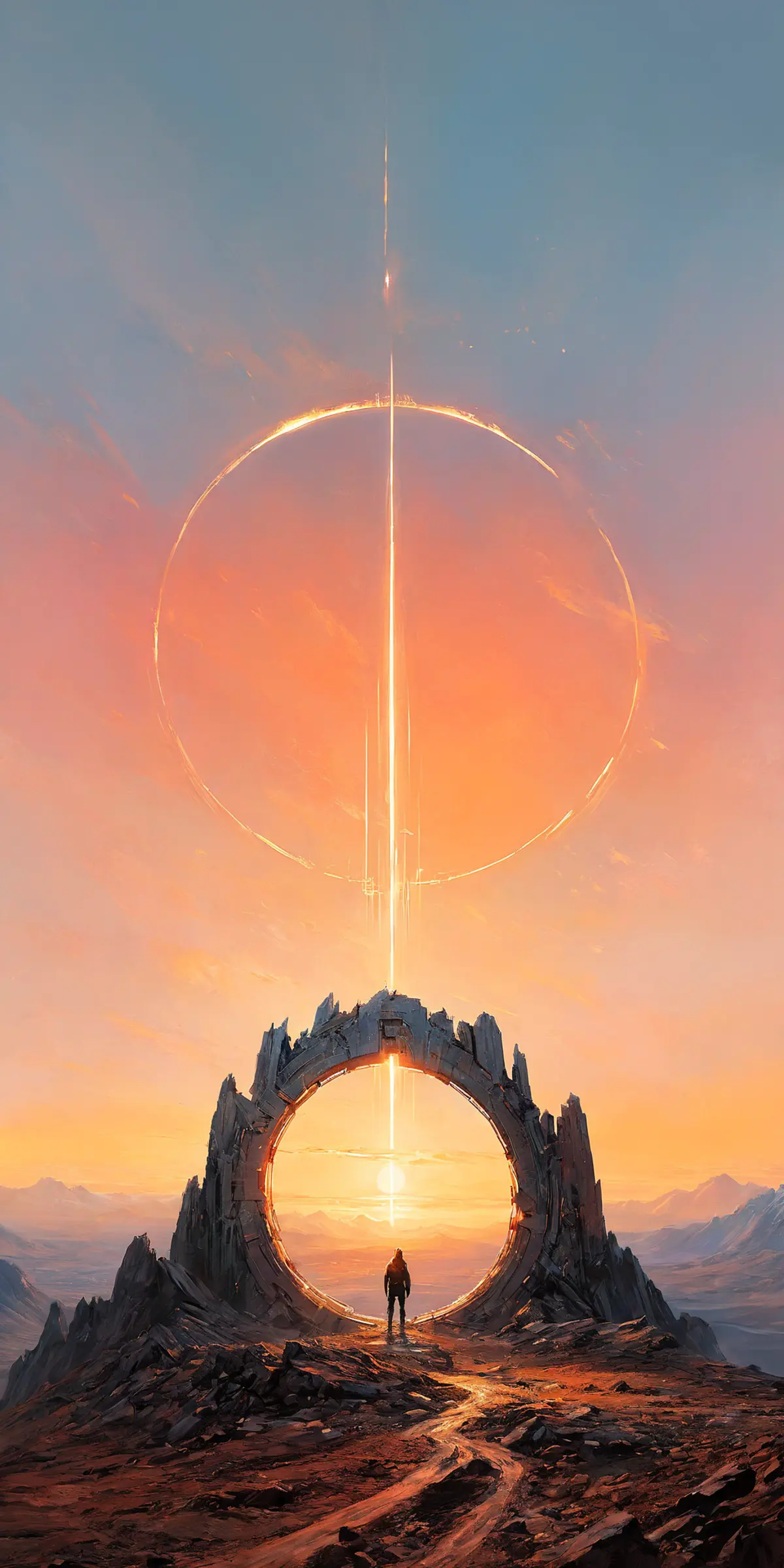 A figure stands before a sunset framed by a massive ancient archway situated on rocky, mountainous terrain. A path through the rusty earth leading up to the portal winds between the rugged rocks in the foreground. Above the archway, a faint circle of light intersects dramatically with a vertical beam that pierces the sky. 