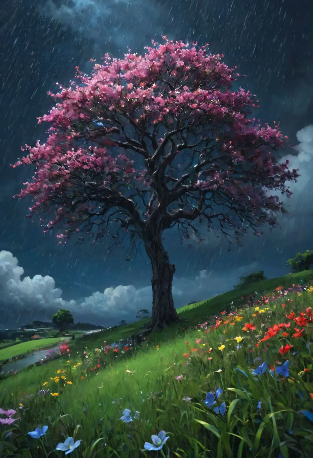 A solitary tree with pink blossoms standing tall on a slope against a stormy nocturnal sky. The ground is carpeted with green grass, sprinkled with colorful wildflowers.