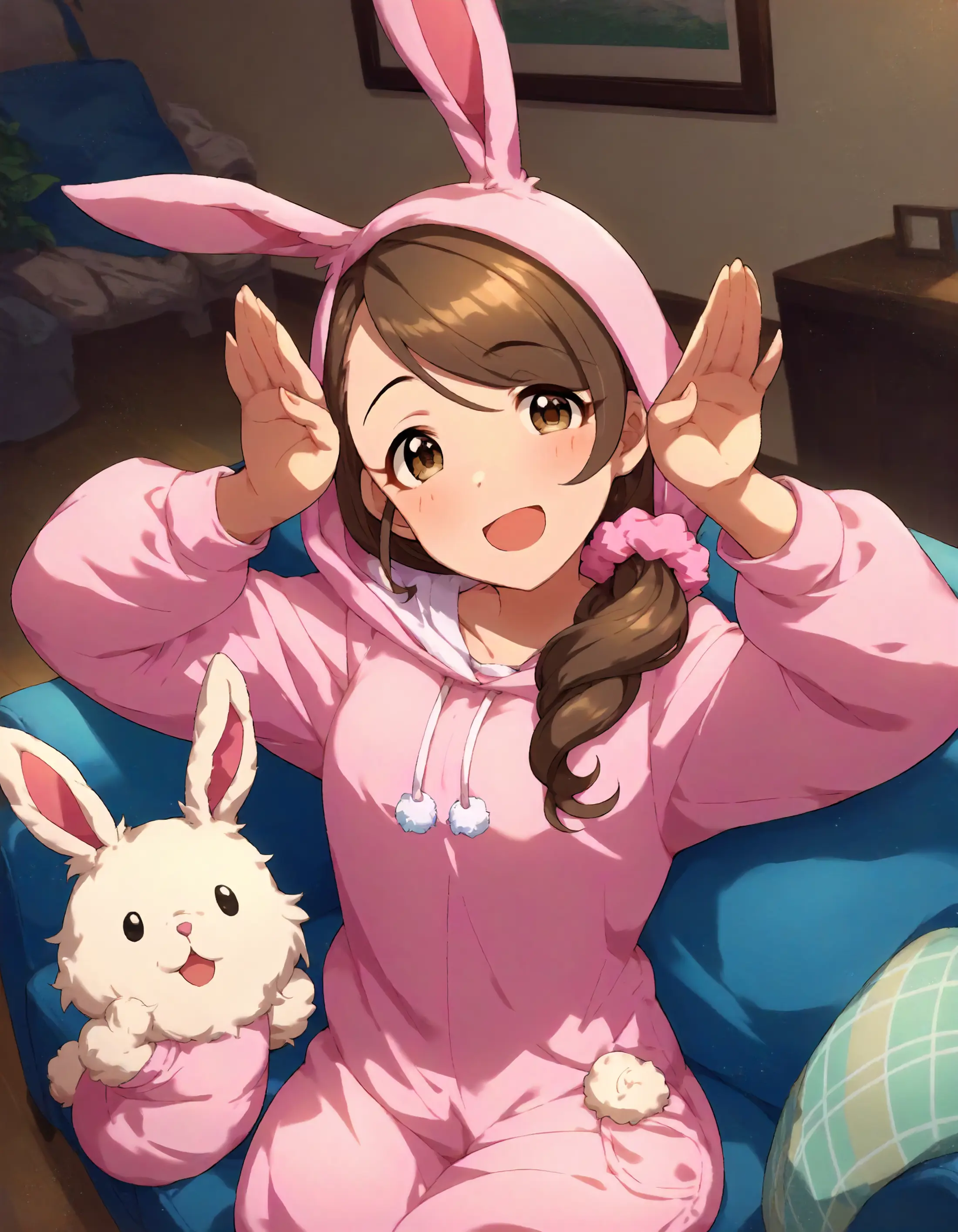 A cheerful young woman wearing a pink bunny onesie, sitting on a blue seat. The onesie features long ears, and she is making bunny ears with both hands near their face. A plush bunny toy sits beside her, mirroring her pose. 