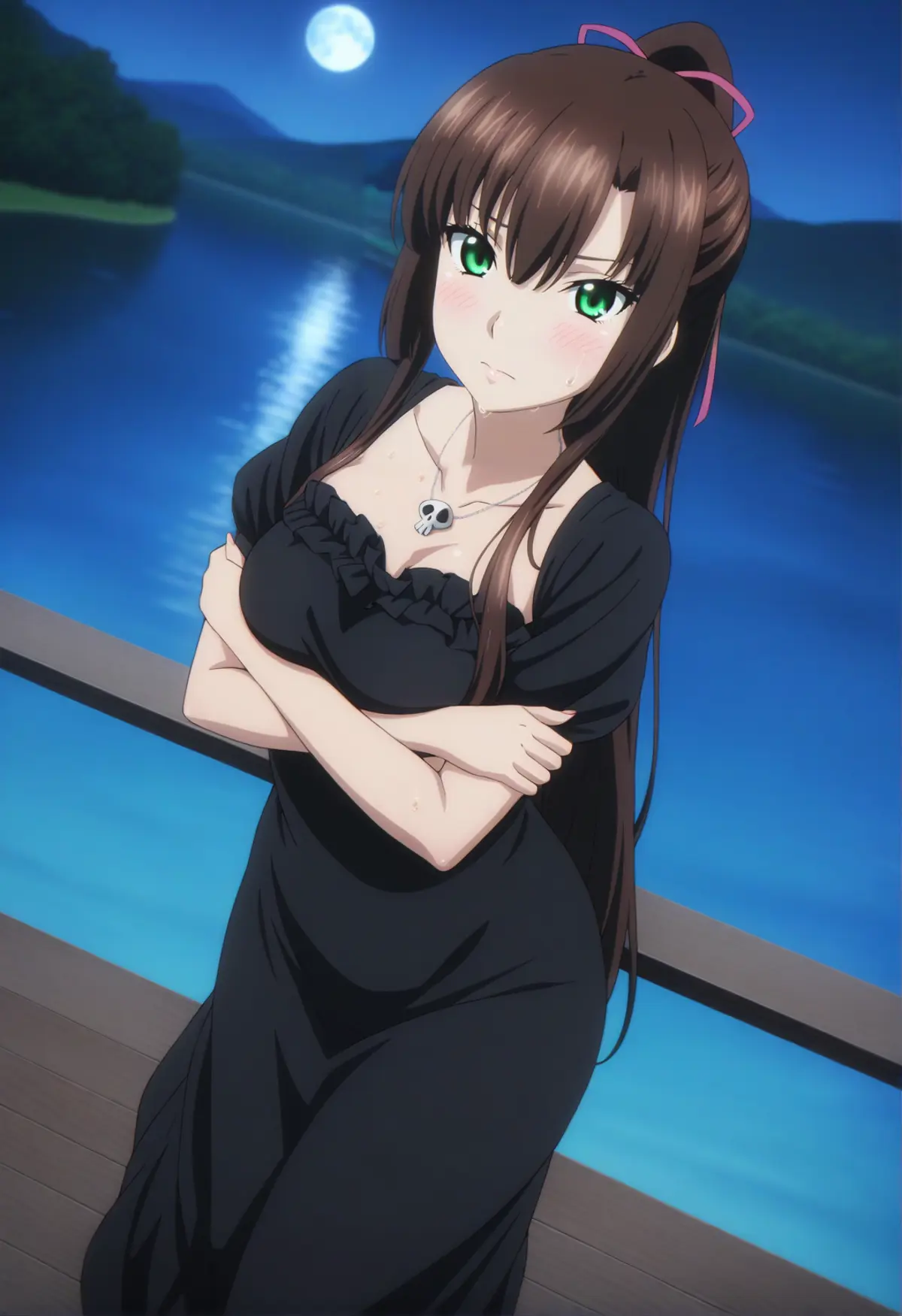 A young woman leaning on a railing overlooking a body of water at night with her arms are crossed in front of her. She is wearing a black dress with short sleeves and has long hair tied back with a ribbon. A necklace with a skull pendant adorns the neck. 