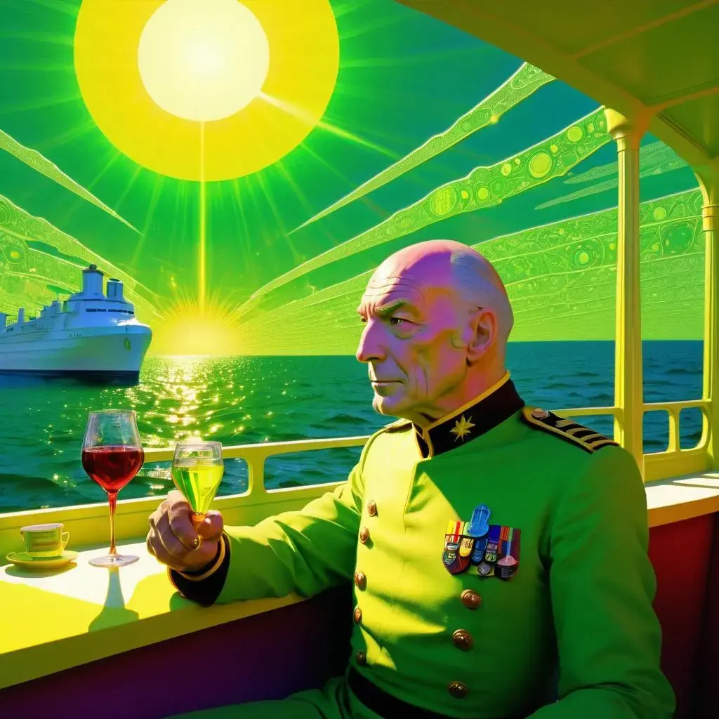 Image with seed 283681896 generated via AI Horde through @aihorde@lemmy.dbzer0.com. Prompt: Admiral Picard from the Enterprise drinking bloodwine with Captain Word, summer solstice, mid summer, sun on the sky, intricate detail, psychedelic, epic, green-yellow color palette, top light,  art by wes Wilson, monet and edward hopper., ### 