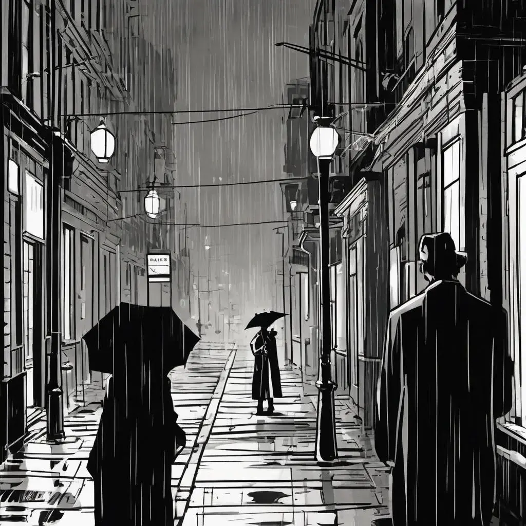 Image with seed 4099552060 generated via AI Horde through @aihorde@lemmy.dbzer0.com. Prompt: a man standing on a rainy street, noir, by darwyn cooke 