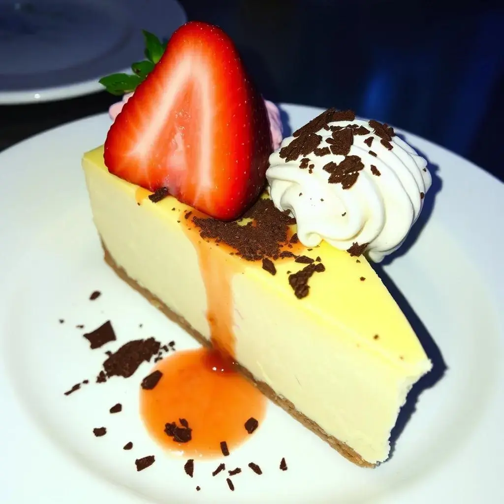 Image with seed 1532855107 generated via AI Horde through @aihorde@lemmy.dbzer0.com. Prompt: A delicious slice of cheesecake with a delicious scoop of strawberry ice cream on the side and chocolate shavings sprinkled on top.  The cheesecake is on a white plate.