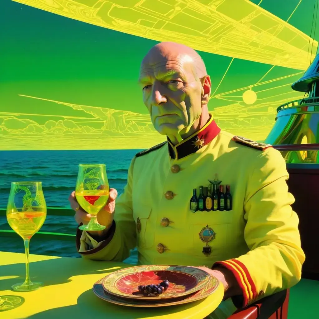 Image with seed 43727266 generated via AI Horde through @aihorde@lemmy.dbzer0.com. Prompt: Admiral Picard from the Enterprise drinking bloodwine with Captain Word, summer solstice, mid summer, sun on the sky, intricate detail, psychedelic, epic, green-yellow color palette, top light,  art by wes Wilson, monet and edward hopper., ### 