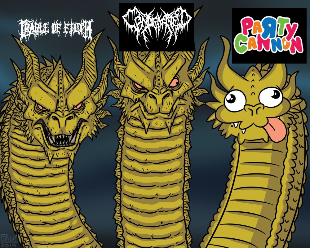 Three-headed dragon meme template where the first two heads look badass and the third is goofy as hell. The first one has the band logo for the band Cradle of Filth (all spikey and largely unreadable.) The second, Contdemned (similarly unreadable.) The final, goofy head has the logo for the band Party Cannon which looks clownish like the logo for a clown troupe available for hire for children's birthday parties might look.