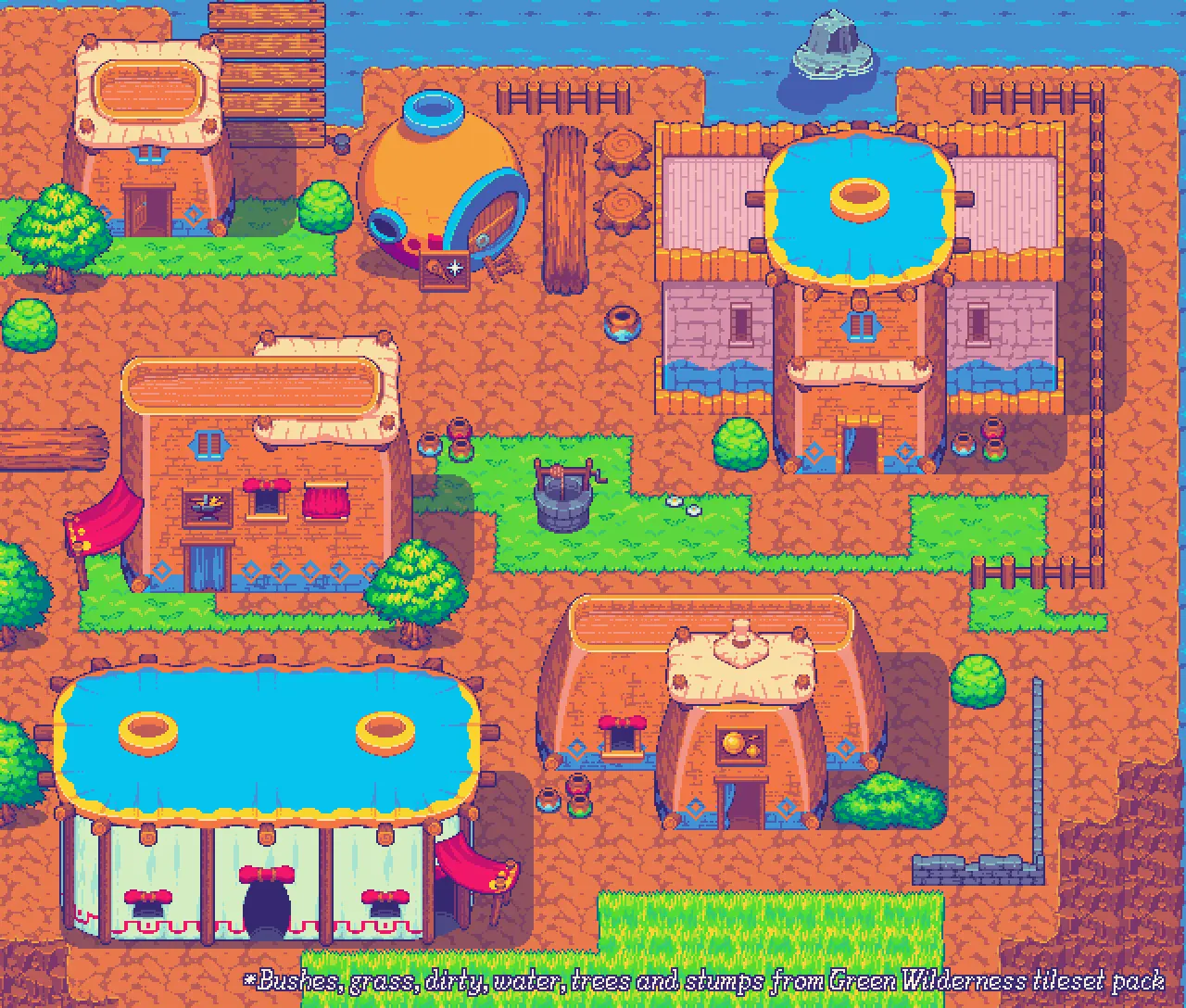 Pixelart showcasing the usage of the Nearby Village asset pack. The village is colourful and the builds are rather unusual, with round colourful buildings. There are also white, red and blue tent-like buildings and orange brick semi-round buildings with straw roofs.