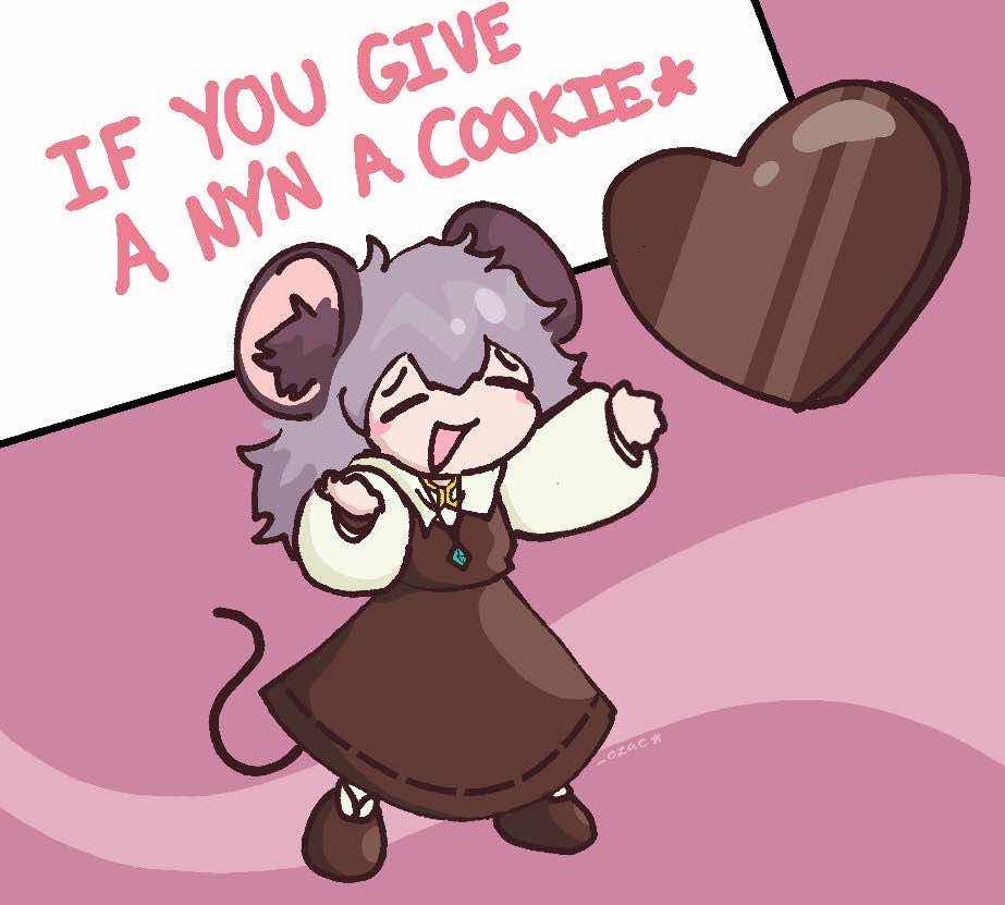 Fanart of Nyn from Touhou cookie reaching out for a chocolate heart-shaped cookie. A card in the back reads "If You Give a NYN a Cookie".