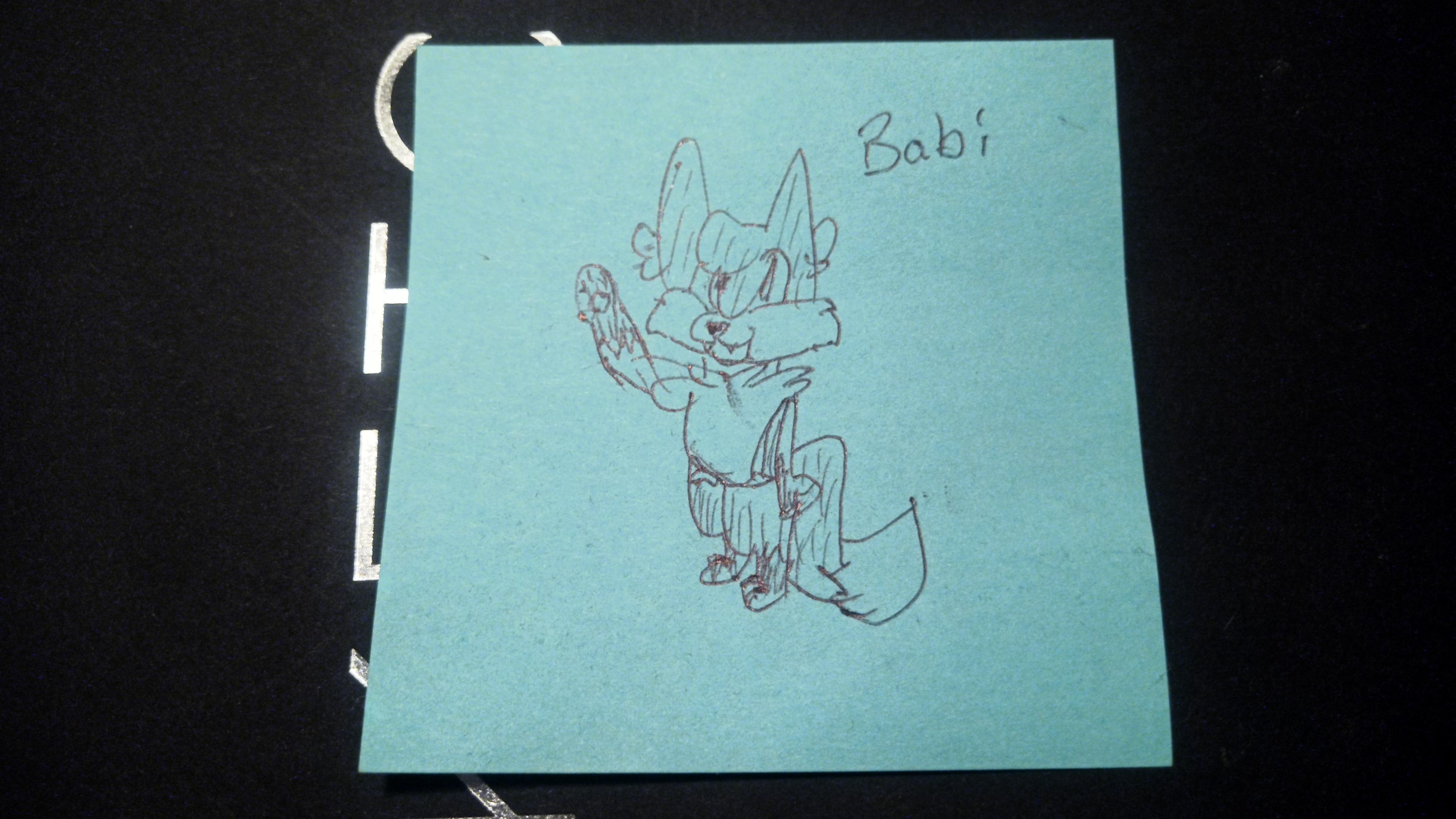 Sticky note doodle of a crudely drawn anthro fox, Foxfire. He is smiling and waving.
