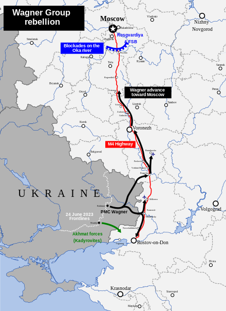 A map showing the massive advances into Russia by Wagner.