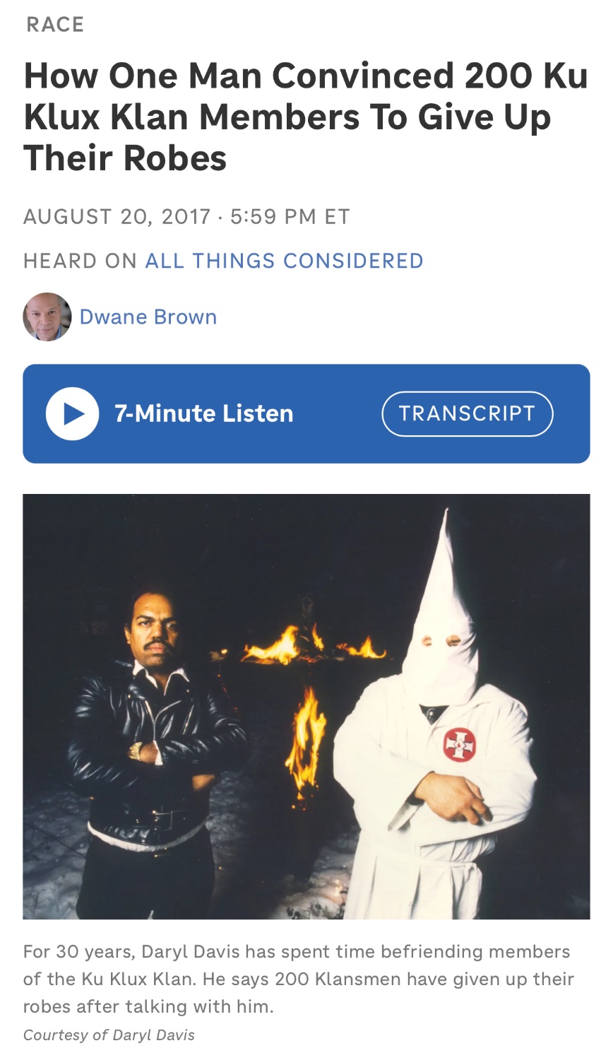 Screenshot of headline of above-linked article: How One Man Convinced 200 Ku Klux Klan Members To Give Up Their Robes