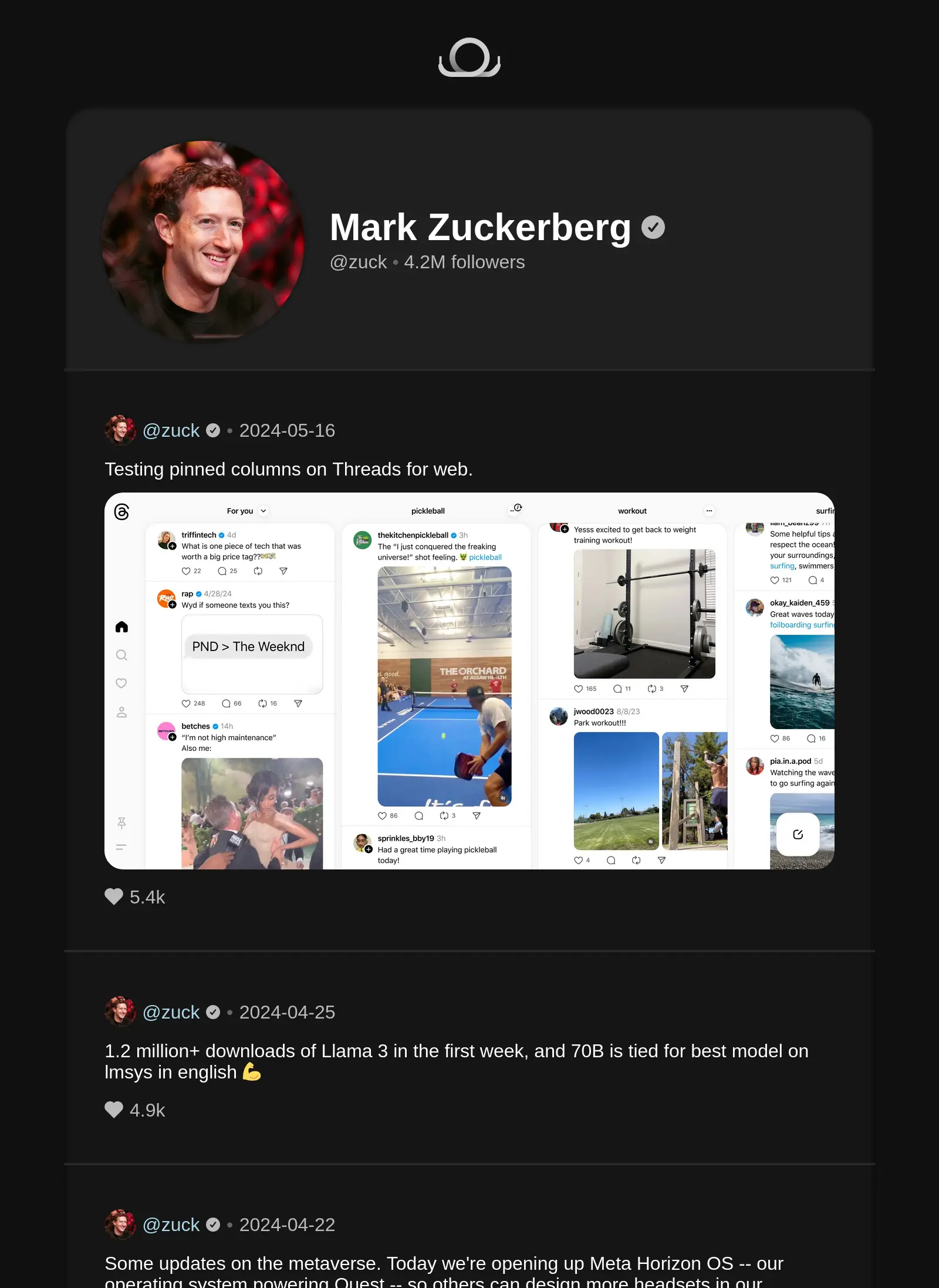 Mark Zuckerberg's profile on Shoelace, showing three posts: One showcasing columns on the official Threads frontend, another congratulating himself for 1.2M+ downloads in his company's new AI software, and the glimpse of a post related to the "metaverse"
