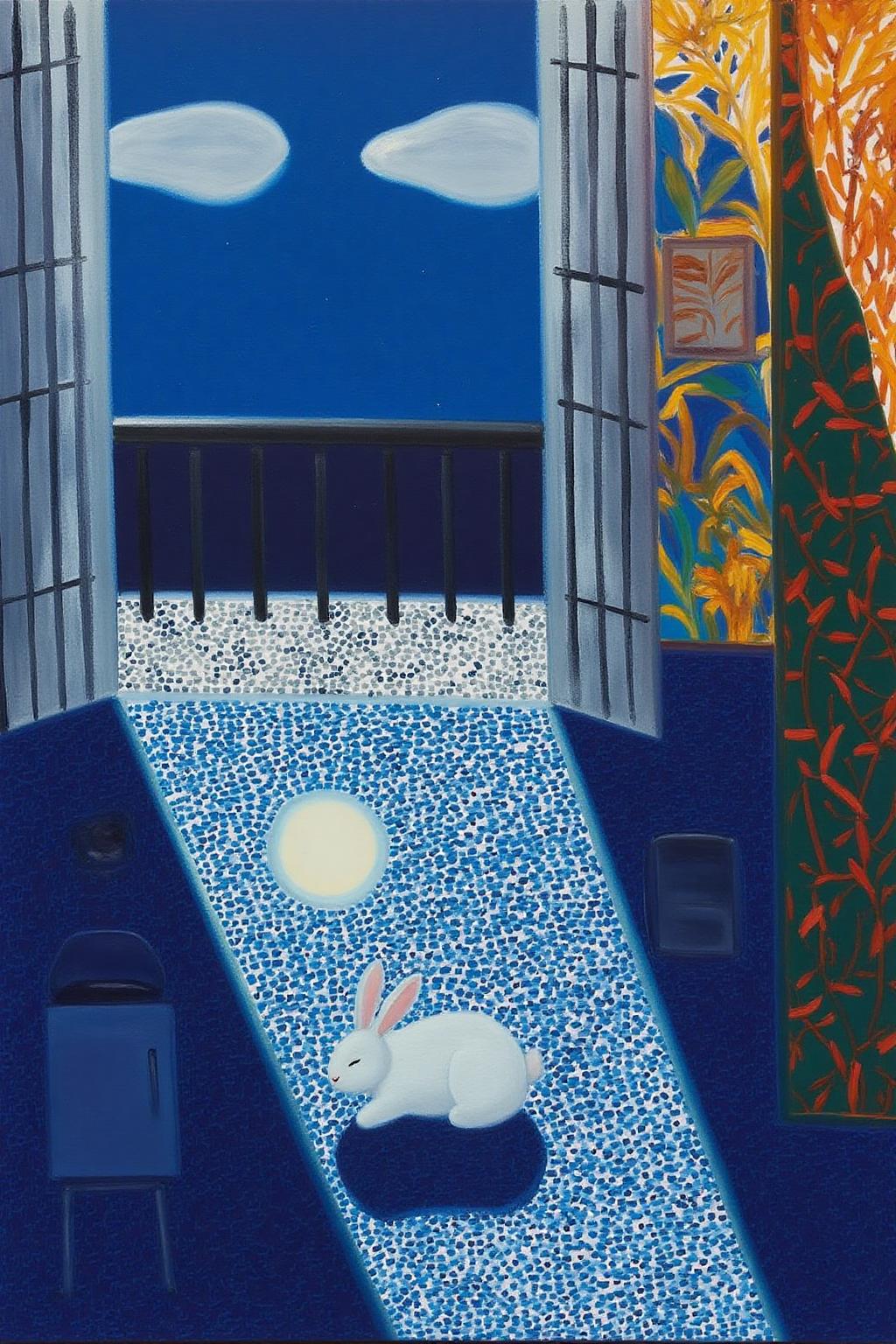 A serene nighttime scene of a dark blue with two white clouds and a white rabbit with pink ears is sitting on a blue and white speckled floor. The balcony has black railings, and the interior walls are decorated with colorful green and orange designs. 