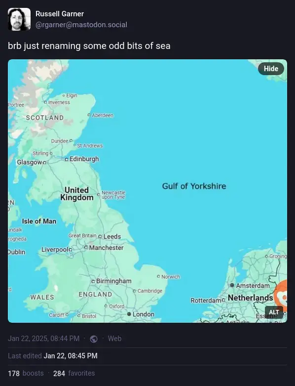 Russell Garner on Mastodon: "brb just renaming some odd bits of sea" with a picture of the North Sea renamed to the Gulf of Yorkshire.