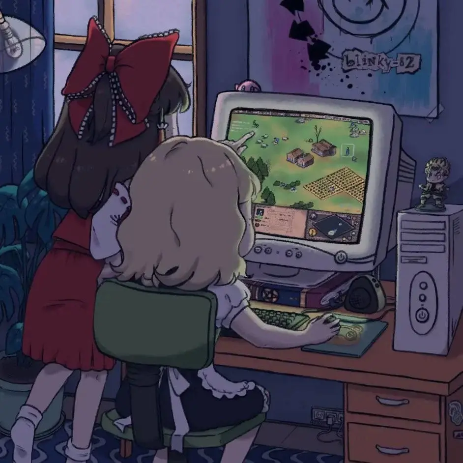 Illustration of Marisa playing Age of Empires 2, and Reimu seemingly coaching her