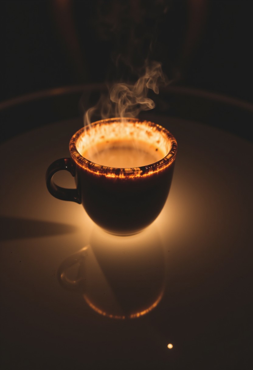 A dark-colored mug filled with a hot beverage, emitting steam. The mug is placed on a reflective surface. The steam rising from the beverage is clearly visible due to the light emitting from the mug's rim, while the background remains dark.