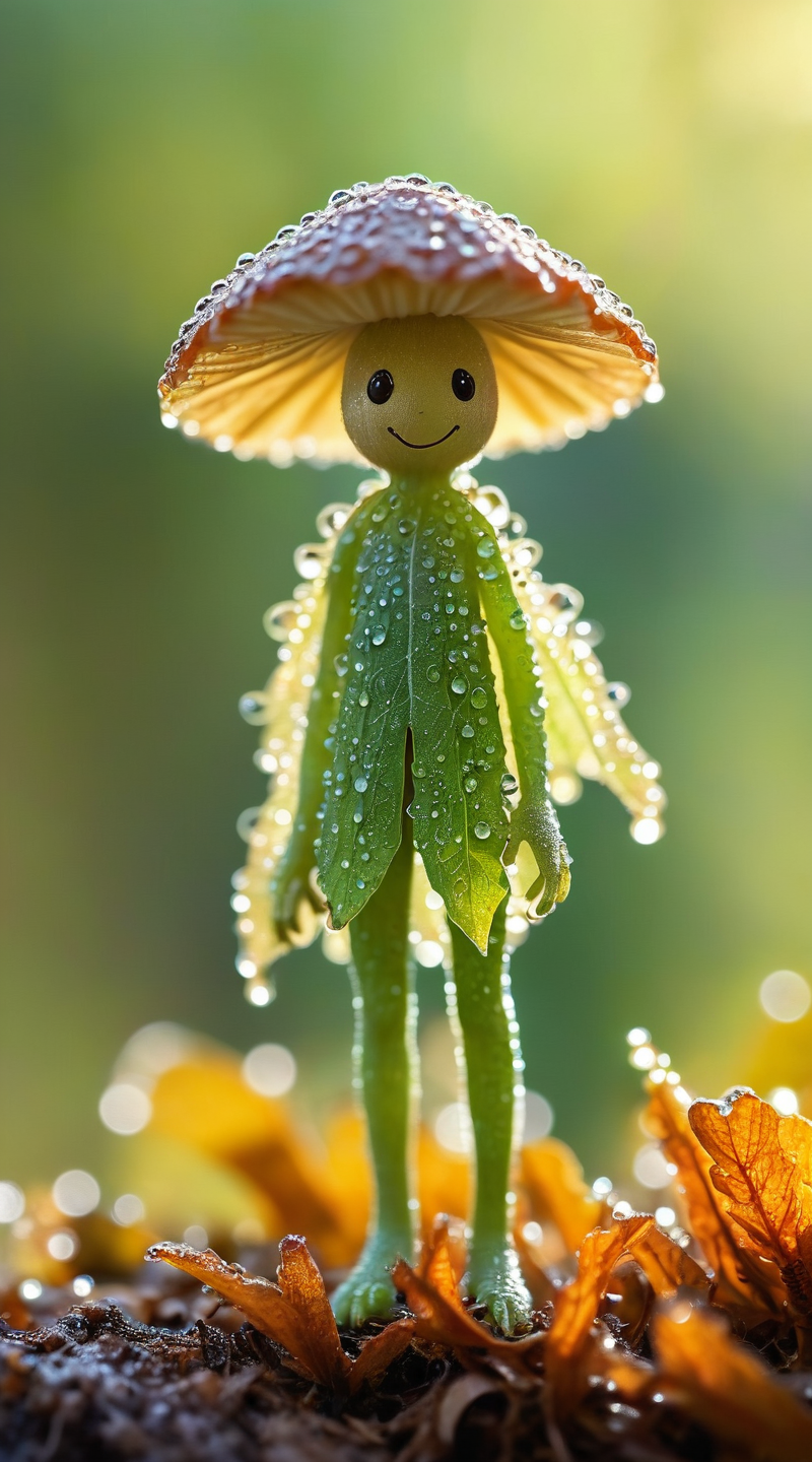 A whimsical, smiling anthropomorphic figure with resembling a small sprite or fairy, standing on a forest floor. The figure has a mushroom cap for a hat, large black eyes, and a body made of green leaves. The entire figure is covered in dewdrops, which glisten in the light. The background is a soft, blurred green, suggesting a lush, natural setting. The ground around the figure is covered with brown leaves and moss, adding to the forest ambiance.