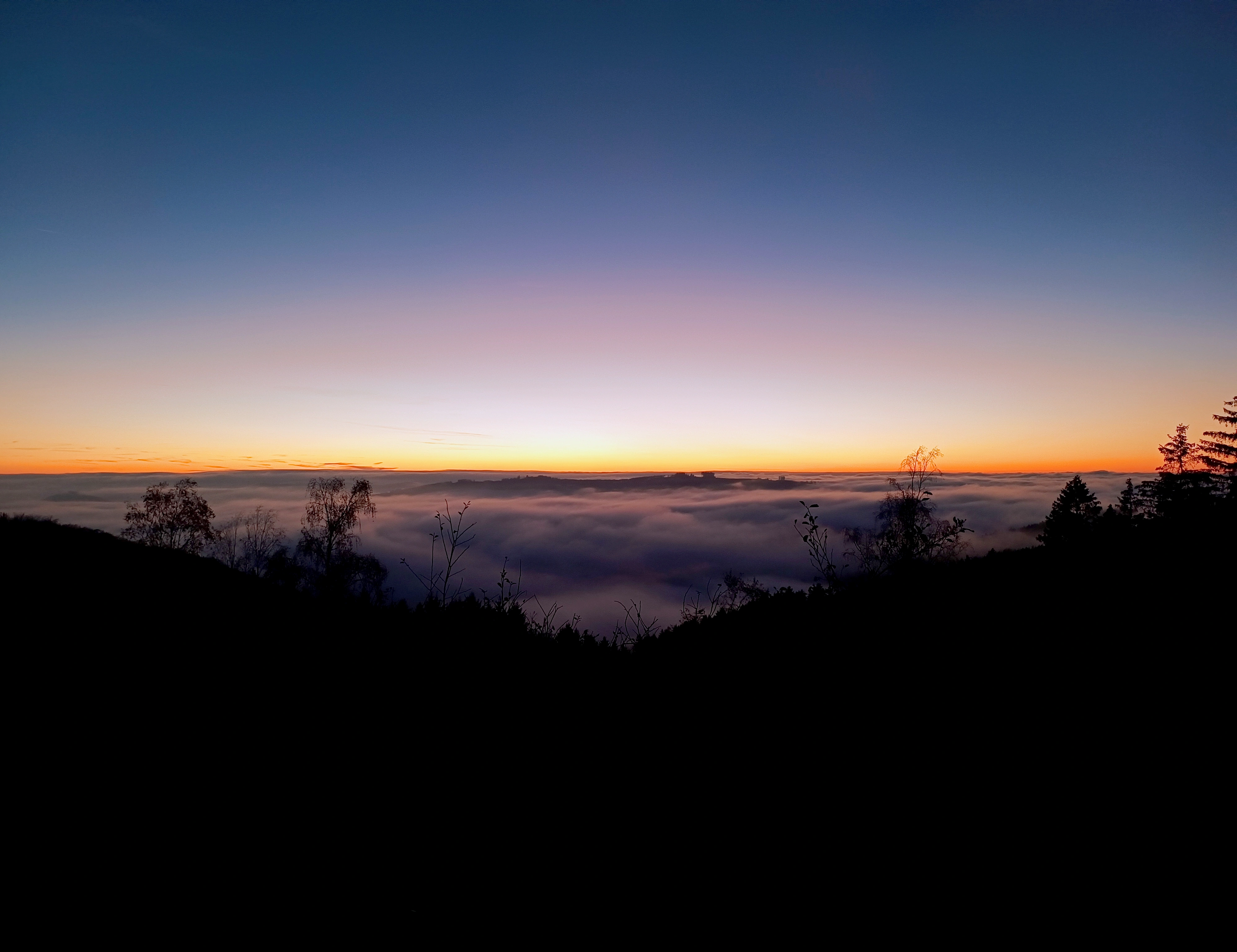 German: Ein majestätischer Abendhimmel über einem nebelverhüllten Tal, wobei sich in der Bildmitte sanft ein dunkler Bergrücken durch die Nebeldecke schiebt. Der Himmel zeigt einen perfekten Verlauf von tiefem Marineblau über zarte Violett- und Rosatöne bis hin zu einem intensiven Orange-Gelb am Horizont. Im Vordergrund zeichnen sich die schwarzen Silhouetten von Fichten und kahlen Birken ab. Das Nebelmeer nimmt die violetten Töne des Abendhimmels auf und umspielt den sich erhebenden Bergrücken wie eine sanfte Brandung.  English: A majestic evening sky over a fog-shrouded valley, with a dark mountain ridge gently pushing through the blanket of fog in the center of the image. The sky displays a perfect gradient from deep navy blue through delicate purple and pink tones to an intense orange-yellow at the horizon. In the foreground, black silhouettes of spruce trees and bare birch trees stand out. The sea of fog takes on the purple hues of the evening sky and swirls around the emerging mountain ridge like a gentle surf.