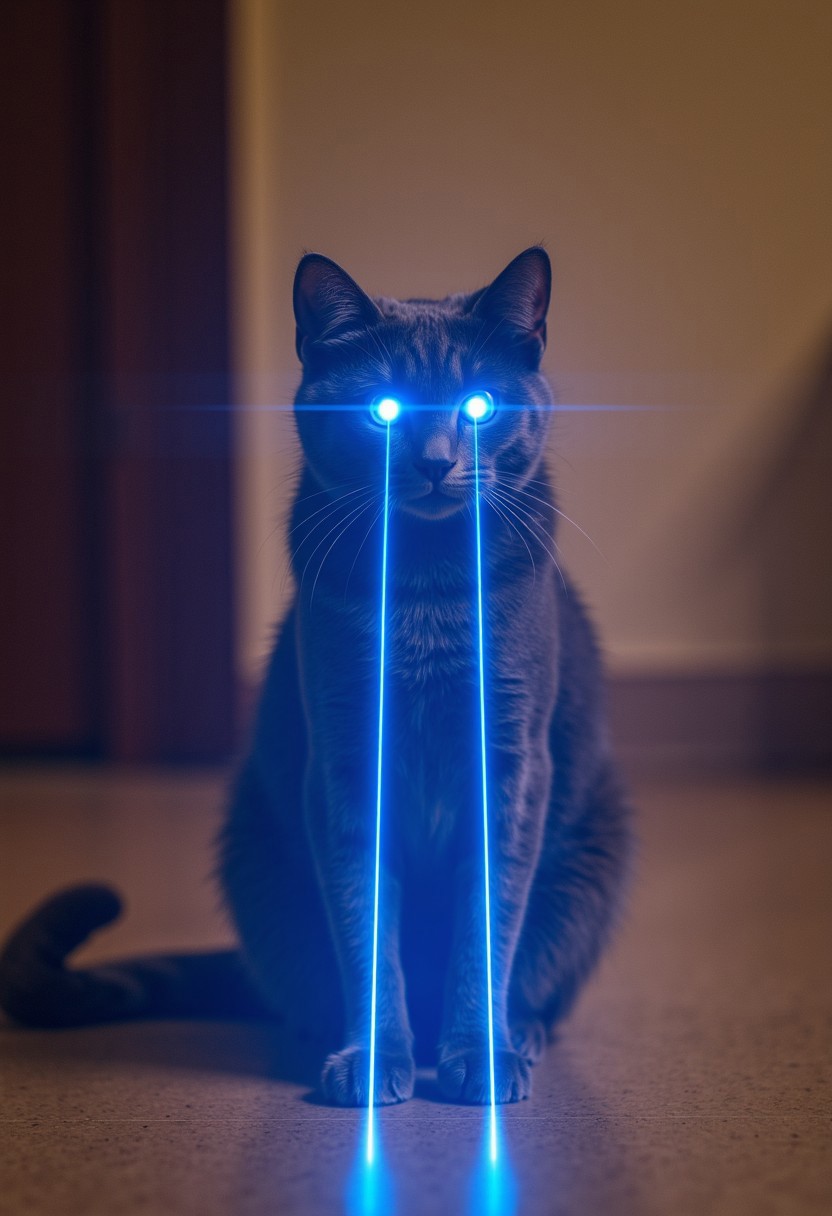 A gray cat sitting on a floor with glowing blue laser beams coming out of its eyes. The laser beams are bright and extend straight down to the floor, creating a striking and surreal visual effect. The cat's eyes are emitting intense blue light that contrasts sharply with the otherwise muted tones of the room. 