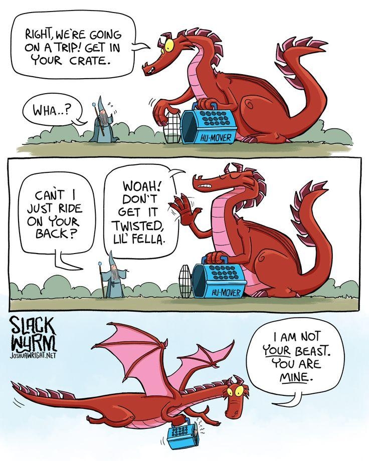 The dragon is holding a large pet crate in the first panel. Dragon: "Right, we're going in a trip! Get in your crate." Human: "What...?"  The human is arguing in the second panel and the dragon is holding up his hand denying the human. Human: "Can't I just ride on your back?" Dragon: "Woah! Don't get it twisted lil' fella."  The dragon is flying carrying the crate with the human inside, the human is uncomfortable. Dragon: "I am not YOUR beast. You are MINE." 