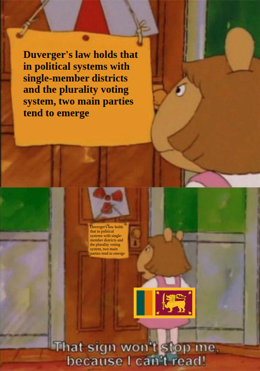 Panel 1: a signboard saying 'Duverger's law holds that in political systems with single-member districts and the plurality voting system, two main parties tend to emerge'.

Panel 2: Sri Lanka saying 'That sign won't stop me because I can't read!'.