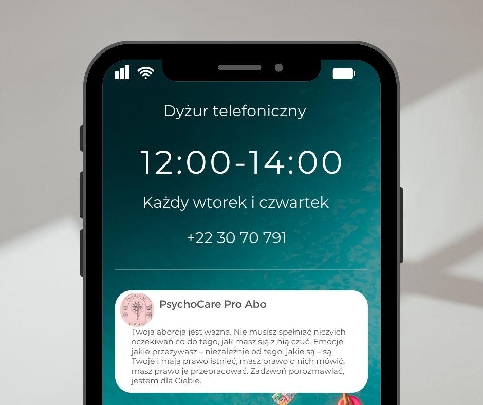 
Dyżur telefoniczny
12:00-14:00
Każdy wtorek i czwartek
+22 30 70 791
PsychoCare Pro Abo
Twoja aborcja jest ważna. Nie musisz spełniać niczyich oczekiwań co do tego, jak masz się z nią czuć. Emocje jakie przezywasz - niezależnie od tego, jakie są - są Twoje i mają prawo istnieć, masz prawo o nich mówić, masz prawo je przepracować. Zadzwoń porozmawiać, jestem dla Ciebie.