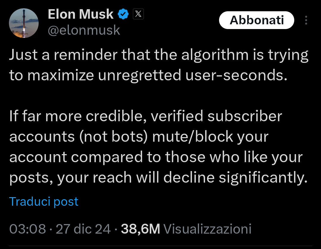 Un Tweet di elon musk ricorda che chi paga per la spunta blu Può limitare per tutti la visibilità generale di altri account non paganti semplicemente bloccandoli