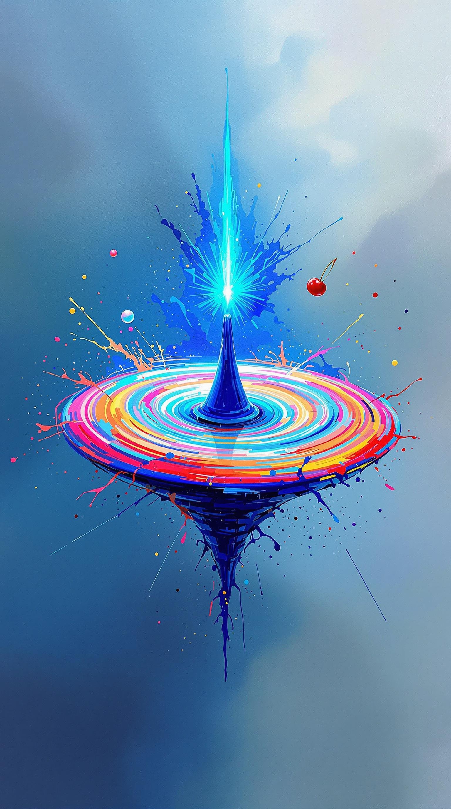 A spinning, cone-shaped top emitting a bright blue energy beam from its tip. The spinning top's surface appears like concentric rings of vivid colors, creating a mesmerizing vortex effect. Splashes of paint in various hues, including red, yellow, and blue, are scattered around the top, adding to the sense of motion and energy. A small red cherry is floating to the right of the top, contrasting with the abstract and energetic background. 