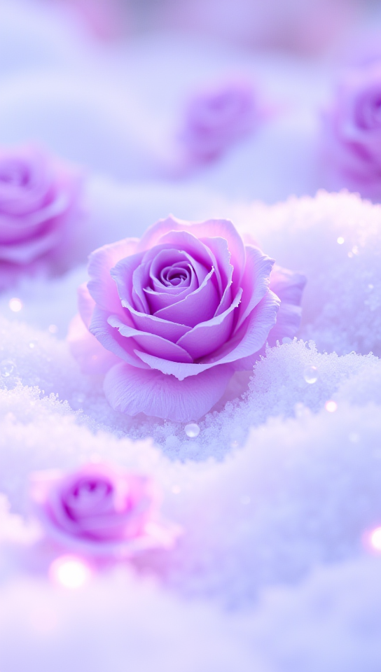 Several pink-colored roses emerging from a snowy landscape. The snow appears soft with a few sparkling highlights. The background is softly blurred, emphasizing the rose and the snow. 