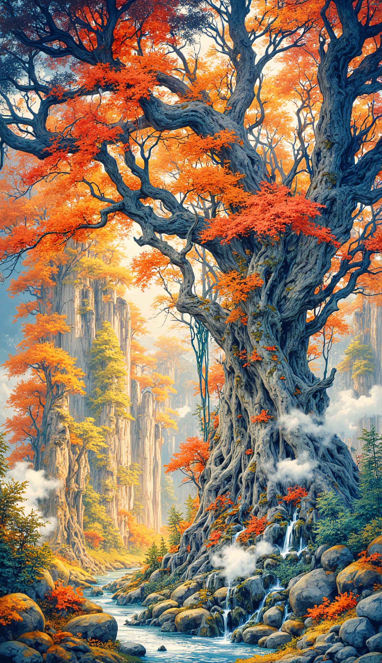 A majestic and ancient tree with a thick, gnarled trunk and sprawling branches adorned with vibrant orange and red autumn leaves. The tree is situated on a riverbank setting with towering rock formations in the background, also covered with autumn foliage. A stream flows through the scene, with small waterfalls cascading over rocks at the base of the tree, with wisps of mist adding a mystical atmosphere to the landscape. 