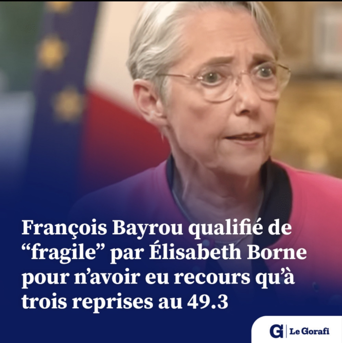 compostage depuis le Gorafi « François Bayrou qualifé de "fragile" par Élisabeth Borne pour n'avoir eu recours qu'à trois reprises au 49.3 »