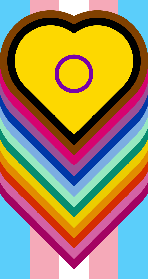 heart style Queer Symmetry Flag in synthesis colors, consisting of colorful overlapping hearts that form a rainbow using colors taken from stripes of other pride flags (lesbian, aroace, gay, and bi) along with black and brown (representing black & indigenous people of color) which wrap around a yellow heart containing a purple ring at its center (a heart-shaped version of the intersex pride flag), and the hearts all rest on top of the transgender pride flag.