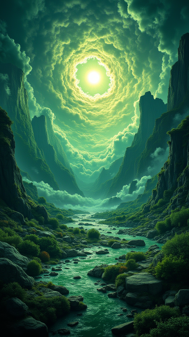 A breathtaking landscape scene set within a deep valley flanked by towering cliffs. A river meanders through the valley floor, dotted with numerous rocks and surrounded by lush greenery. The sky is dominated by an awe-inspiring vortex, with a bright luminous body at its center, casting an ethereal glow over the entire scene. 