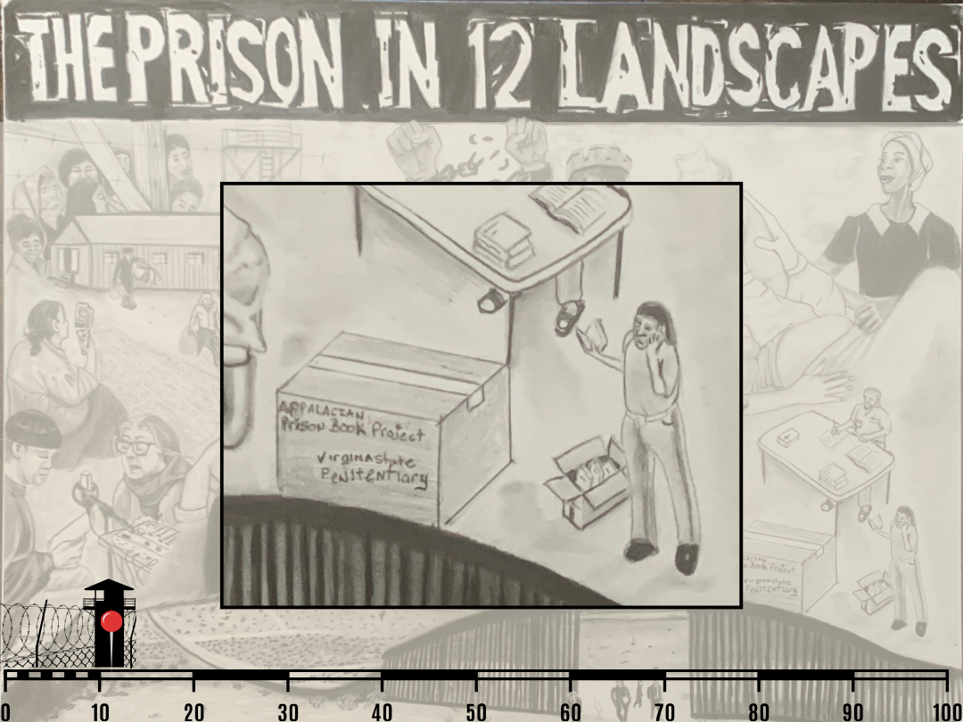 a drawing of someone holding a book and something like a phone up to their ear. a box addressed to someone. a table. some faded drawings around this drawing. a prison tower and fence with barbed wire.