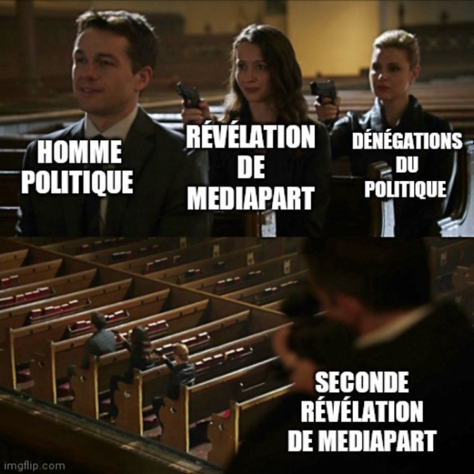 "Assassination chain" meme en rapport aux révélations de Médiapart sur les mensonges du 1er ministre